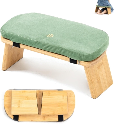 Bamboo Meditation Bench, Folding Kneeling Seiza Stool with Cushion (Green)