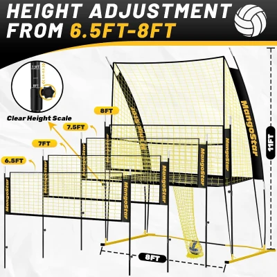 Mangostar Volleyball Training Net System (11 x 8 ft) — Freely Height-Adjustable 6.5–8 ft, Portable Indoor/Outdoor Practice Net for Serving, Setting & Spiking — Quick-Release, Easy Setup