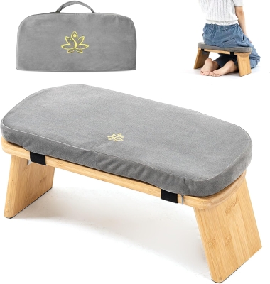 Bamboo Folding Meditation Bench Stool with Cushion and Carrying Bag — Seiza Kneeling Prayer Bench (Grey & Bag)