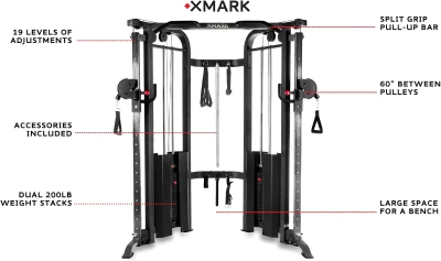 XMARK Functional Trainer — All-in-One Cable Pulley & Crossover with Dual 200 lb Stacks, Multi-Grip Pull-Up Bar and Expandable Attachment Compatibility