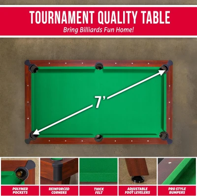 GoSports 7 ft Wood-Finish Pool Table — Rustic Brown Frame with Green Felt (7 x 4 ft)