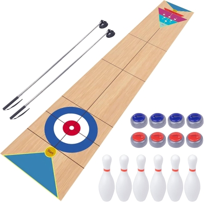 3-in-1 Shuffleboard, Curling & Bowling Board Game Set with 11.8 ft Mat, 2 Cues, 8 Rocks & 6 Pins - Family Fun