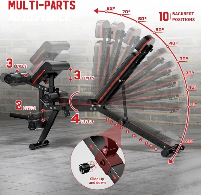 XDDIAS Adjustable Weight Bench with Leg Extension/Curl & Extended Headrest, Preacher Curl Station — 900 lb Capacity (Includes 4x10lb Bumper Plates)