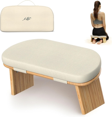 Foldable Bamboo Meditation Bench with Extra-Thick 1.6-Inch Cushion, Magnetic Lock Hinge – Anterior-Tilt Seiza Kneeling Seat with Canvas Carry Bag