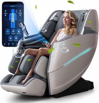 4D Full-Body Massage Chair Zero Gravity Recliner — 55"" S+L Track, 20 Auto Modes, 11 Techniques, 40 Airbags, Yoga Stretch, App Control, Negative Oxygen Ions (Grey)
