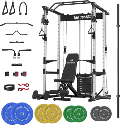MAJOR FITNESS Drone1 Power Cage — Multi-Function Home Power Rack with Integrated 100 lb Weight Stack, Cable Crossover, Pull-Up Bar, Heavy-Duty Steel Construction