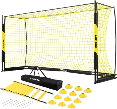 Collapsible Soccer Goal 12×6 ft / 16×7 ft – Portable Pop-Up Net with Carry Bag, 4 Ground Stakes & 12 Training Cones