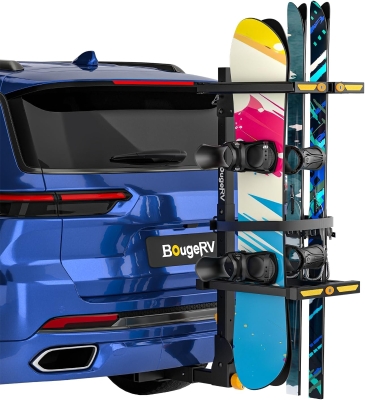 BougeRV 2025 Hitch-Mount Ski & Snowboard Rack with Lock — Folding, Tilting and Anti-Rattle Design for 2"" Receiver, Holds up to 6 Pairs or 4 Snowboards (Includes 4 Webbing Buckles)