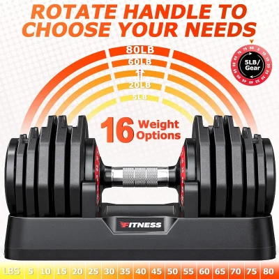 Adjustable Dumbbells Set of 2 — One-Hand Dial Adjustment, 16-in-1 (5–80 lb) Free Weights, Anti-Slip Knurled Handle, 25/55/80 lb Pair for Home Gym (Men & Women)