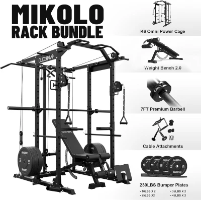 Mikolo K6 Power Cage with Cable Crossover & Lat Pulldown — 1500 lb Squat Rack System, Pulley & Accessory Package
