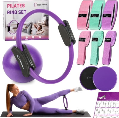 Home Pilates Training Kit — 14-Inch Foam-Padded Fiberglass Ring with Fabric Bands, Sliding Discs and Small Ball