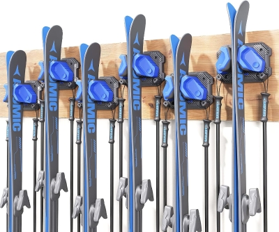 Blue Ski & Snowboard Wall Rack – 6-Pack Space-Saving Garage Mount, Damage-Free Holders for Any Ski or Board