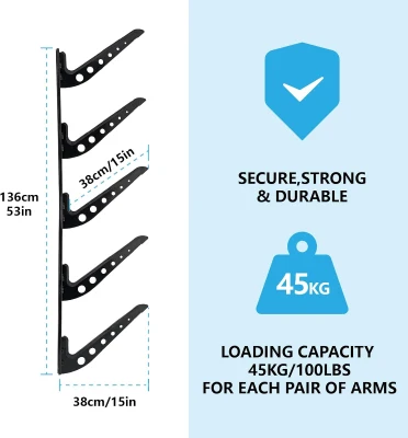 5-Board Adjustable Wall Mount Rack for Surfboards, Wakeboards & Snowboards