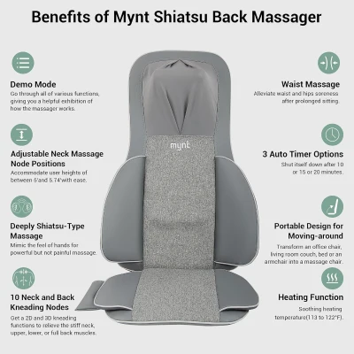 Mynt 2D & 3D Shiatsu Neck and Back Massager Pad — 10 Deep Kneading Nodes, Adjustable Height, Heat, Spot & Demo Modes — Portable Gray Chair Massage Cushion