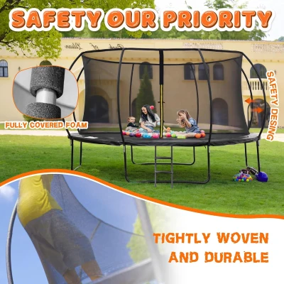 JELENS Backyard Trampoline — Available 8/10/12/14/15/16FT with Enclosure Net & Ladder, Galvanized Anti-Rust Frame, ASTM F381-16