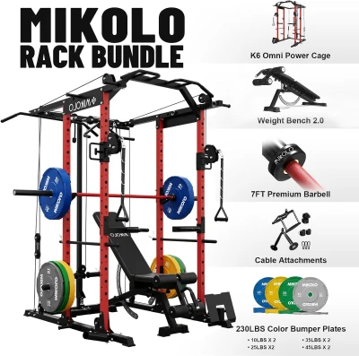 Mikolo K6 Power Cage with Cable Crossover — 1500 lb Capacity Squat Rack with Lat Pulldown & Pulley System for Home Gym