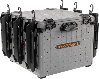 YakAttack BlackPak Pro 16"" x 16"" Battleship Grey Fishing Crate with 6 Rod Holders – Customizable Kayak Tackle Organizer | Made in USA