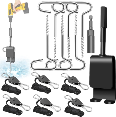 Universal Ice Anchor Tool Kit with 1/4"" Drill Adapter, Ice Fishing Tent Stakes, Rope Hangers & Auger Adapter for Securing Ice Shelters