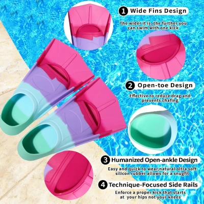 Kids Short Swim Fins — Comfortable Training Flippers for Lap Swimming, Children, Girls & Boys, Beginners