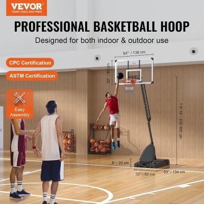 VEVOR Adjustable Portable Basketball Hoop with Weighted Base, Wheels and PC Backboard — Indoor/Outdoor for Youth & Adults