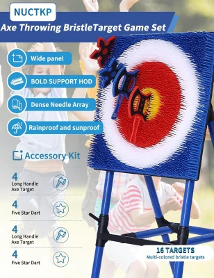 4-in-1 Bristle Axe Throwing Target Set with 8 Long-Handled Axes & 8 Star Darts - Indoor/Outdoor Yard Game