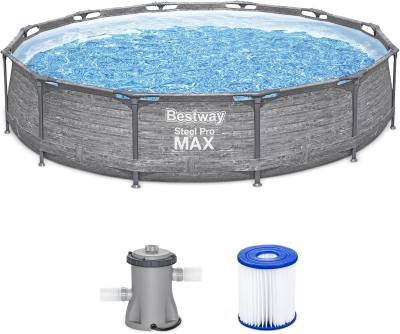 Bestway Steel Pro MAX 12' x 30"" Round Above-Ground Family Pool Set with Metal Frame, Liner and 330-Gallon Filter Pump – Gray