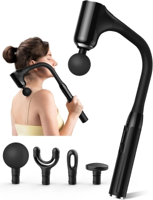 Extended-Handle Deep Tissue Massage Gun — Percussion Back Massager with 12mm Stroke, Less-Shock Ergonomic Design, Infinitely Adjustable Speed and 4 Replaceable Heads for Neck/Shoulder/Leg/Foot Relief