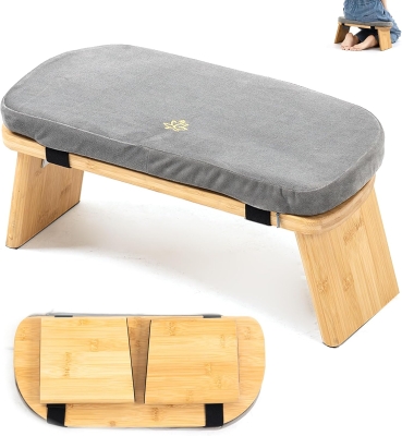 Bamboo Folding Meditation Bench Stool with Cushion — Seiza Kneeling Prayer Bench (Grey)
