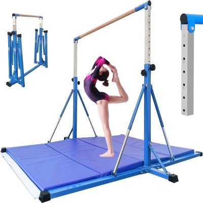 Collapsible Kids Gymnastics Bar 5FT - Adjustable 35.4""–59"", Ages 5-20, 500 lb Capacity with Safety Mat, Home Use