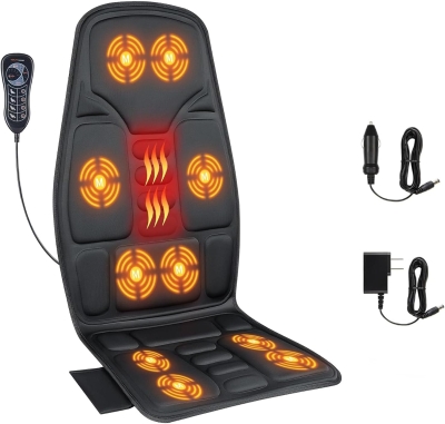 Vibrating Back Massage Chair Pad with Heat for Pain Relief — Full-Body Chair Massager with 10 Vibration Motors, Multiple Programs and Dual Adapters for Office & Recliner