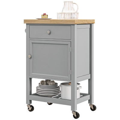 HOMCOM Rolling Kitchen Cart with Rubberwood Top, Drawer & Wine Rack, Gray