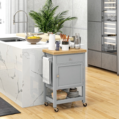 HOMCOM Kitchen Cart on Wheels, Rolling Kitchen Island Cart with Wood Top, Towel Rack, Drawer and Shelf for Dining Area, Grey