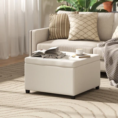 HOMCOM Round Tufted Storage Ottoman Bench with Flip Top, Beige