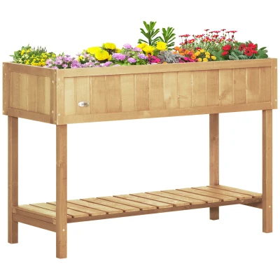 Outsunny 43.25" x 18" x 30" Raised Garden Bed, Wooden Plant Stand with 8 Grid Box, Storage Shelf for Outdoor, Natural Wood Colour