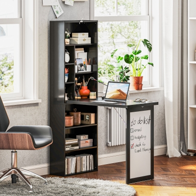 HOMCOM Fold-out Convertible Office Desk, Wall Mount Computer Desk with Whiteboard and Side Shelf, Black