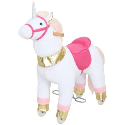 Qaba 29.5" Plush Ride-On Unicorn Rocking Horse with Wheels, White