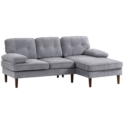 HOMCOM Modern Corner Couch with Right Chaise Lounge, Tufted 3-Seater Sofa with Wooden Legs for Living Room, Grey