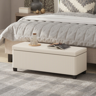 HOMCOM 44 Inches Ottoman with Storage, Lid, Legs, Corduroy End of Bed Bench for Living Room, Bedroom, Entryway, Beige