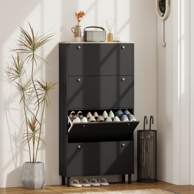 HOMCOM Narrow Shoe Cabinet with 4 Flip Drawers, Shoe Storage Cabinet with Adjustable Shelves, Holds 24–32 Pairs, Black