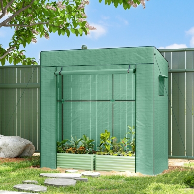 Outsunny Walk-in Tomato Greenhouse Lean-to Green House with Reinforced PE Cover, Roll-up Door, Mesh Windows, Green