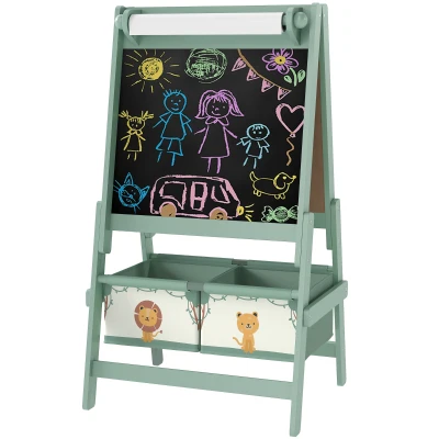 Qaba Art Easel for Kids, Double-Sided Whiteboard & Chalkboard with Paper Roll, 2 Storage Boxes, Gift for Boys, Girls, Green