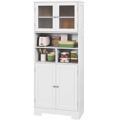 HOMCOM 57" Kitchen Pantry, Freestanding Pantry Storage Cabinet with Glass Doors, Adjustable Shelves, Open Compartments, White