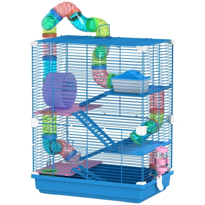 PawHut 5 Tiers Hamster Cage Portable with Exercise Wheels Play Tube Water Bottle Dishes House Ladder for Gerbils, Blue