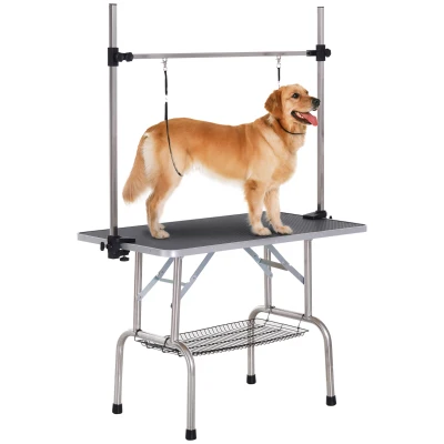 PawHut Adjustable Dog Grooming Table with 2 Safety Slings, Storage Basket, Black