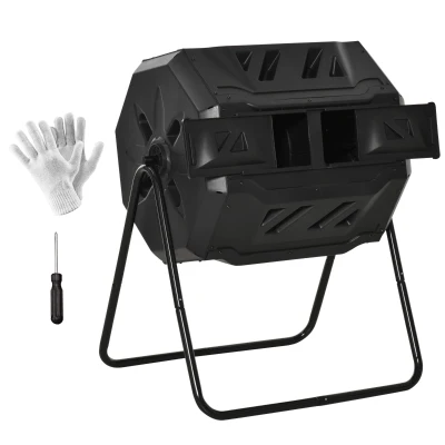 Outsunny 43 Gallon (160L) Tumbling Compost Bin Outdoor Dual Chamber 360° Rotating Composter with Sliding Doors, Solid Steel Frame and Gloves, Black