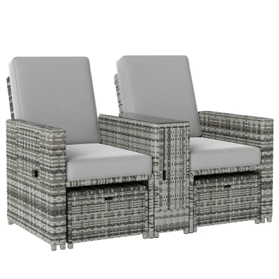 Outsunny 5PC Wicker Patio Lounger, Outdoor PE Rattan 5-level Adjustable Recliner Sofa Bed with Storage Side Table and Footstools, for Patio, Garden, Poolside, Grey