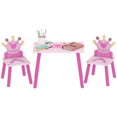 Qaba 3-Piece Set Kids Wooden Table Chair with Crown Pattern Easy to Clean Gift for Girls Toddlers Age 2-4 Years Old Pink