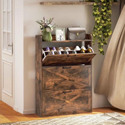 HOMCOM Narrow Shoe Storage Cabinet Farmhouse Shoe Cabinet with 3 Flip Drawers Adjustable Shelves for Entryway Rustic Brown