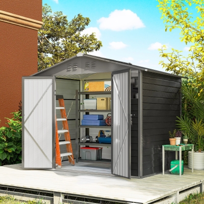 Outsunny 8' x 6' Outdoor Storage Shed, Metal Garden Shed with 2 Windows, 4 Vents, Lockable Doors and Gloves, Dark Grey