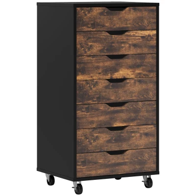 Vinsetto 7-drawer Vertical File Cabinet for Home Office, Storage Cabinet with Wheels, 18.7"x15.6"x35.4", Rustic Brown